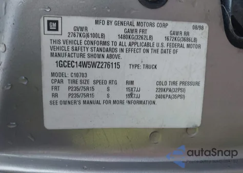 1998 Chevrolet C1500 Fleetside из США, поврежденный, VIN 1GCEC14W5WZ276115